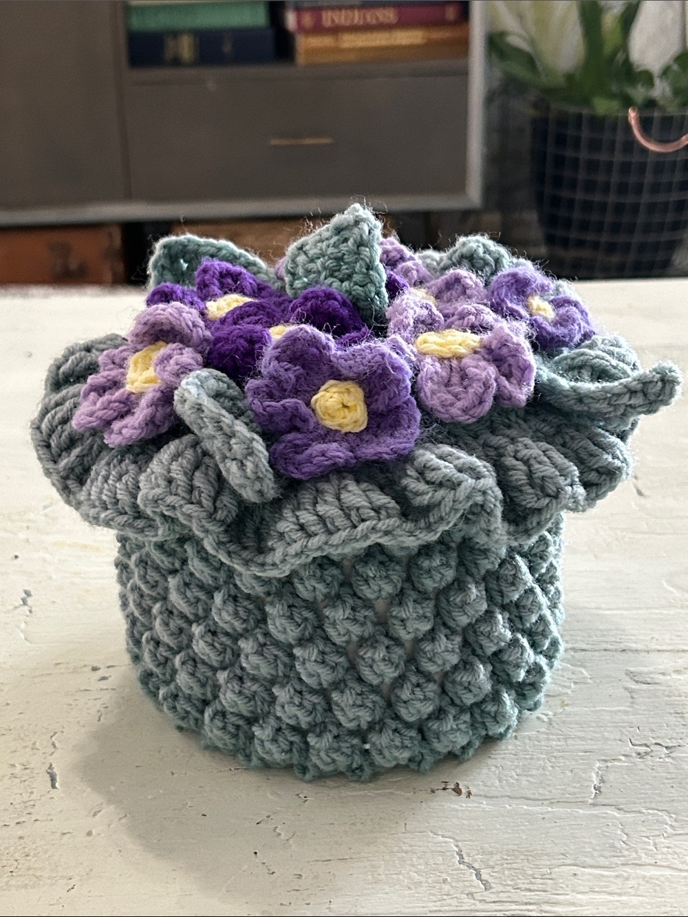 Hand-Crocheted Flower Toilet Paper Sage with Purple Blooms
